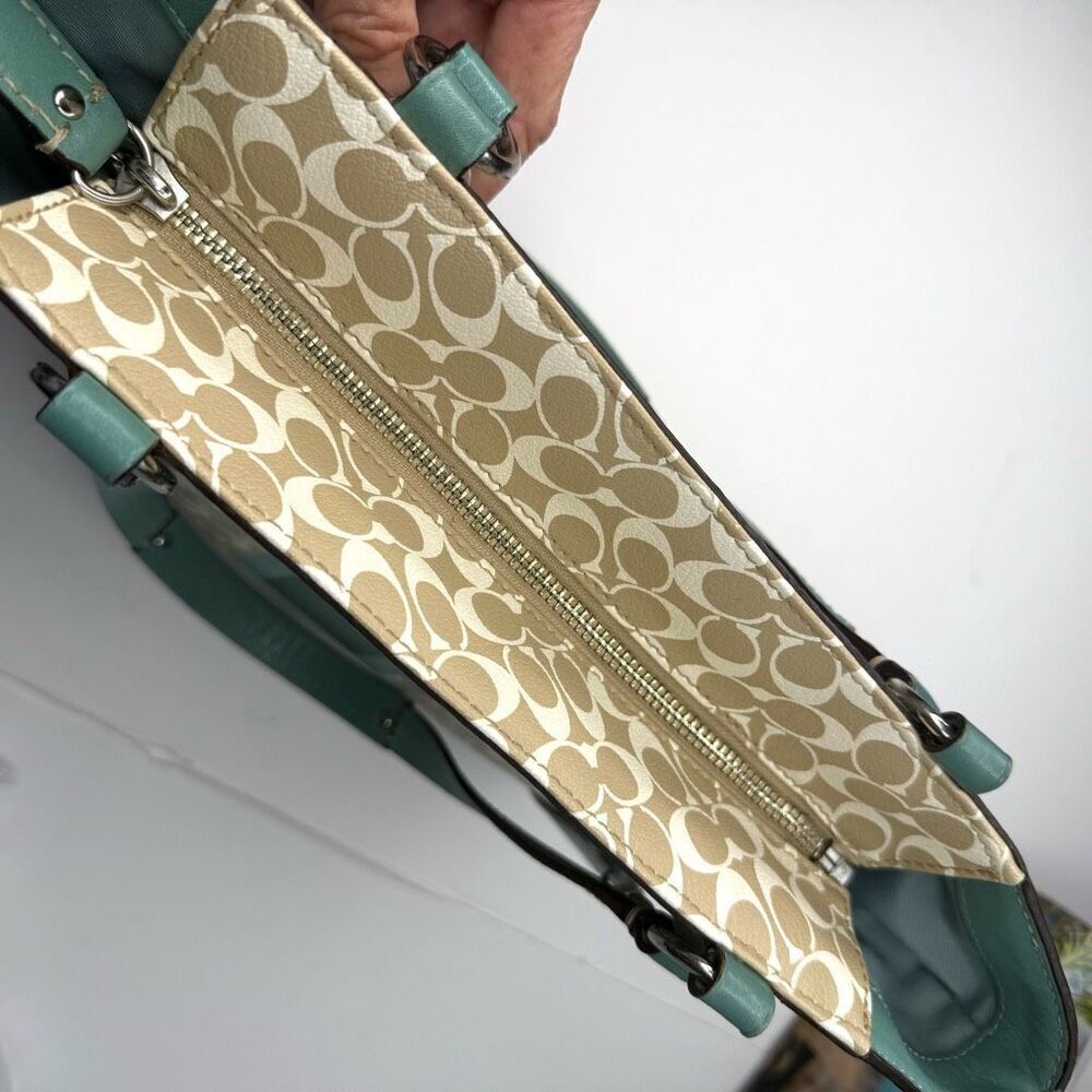 Coach Chelsea Heritage Stripe Signature Tote Teal & Khaki Coated Canvas #F15137 - Picture 4 of 12